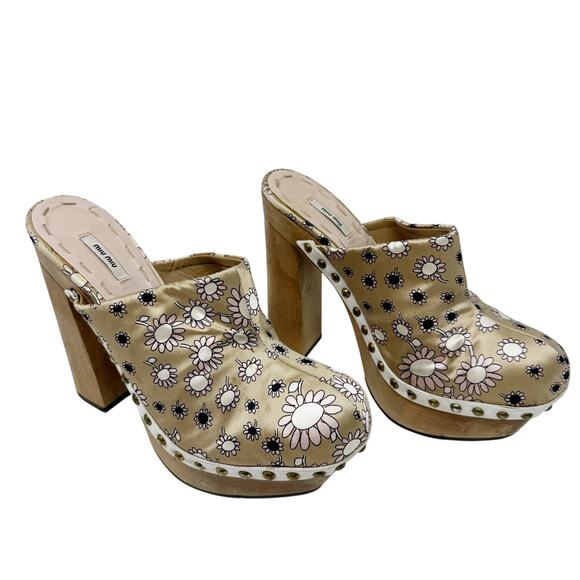 Miu Miu Daisy Floral Platform Clogs Wood Heel Satin Studded Mules Size EU 37.5 - Picture 3 of 12